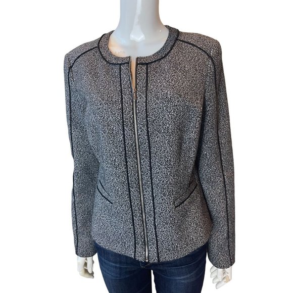 Calvin Klein Womens Piped Tweed Blazer Jacket Full Zip Color Block Gray Size 12 - Picture 2 of 9